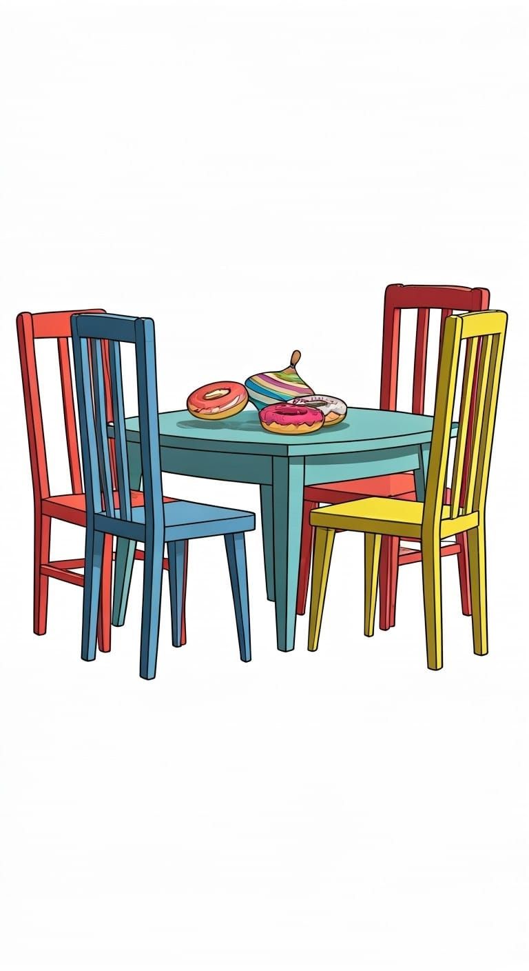 Whimsical Table Setting with Donuts and Spinning Tops in Bla...