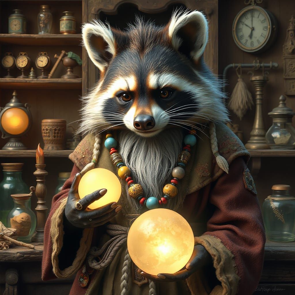 Raccoon Wizard Portrait in Dark Fantasy Style