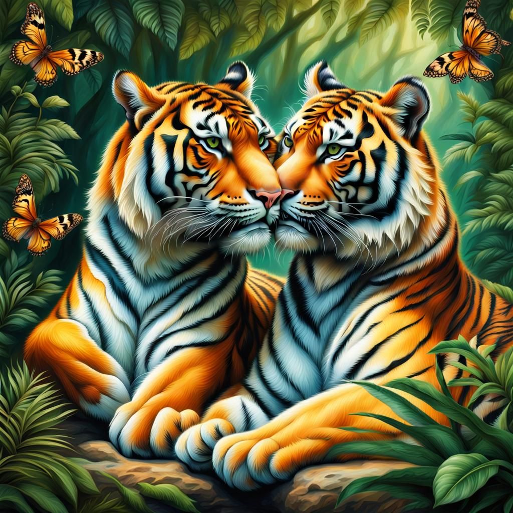 Loving Tigers Nuzzling in Forest, Airbrush Art
