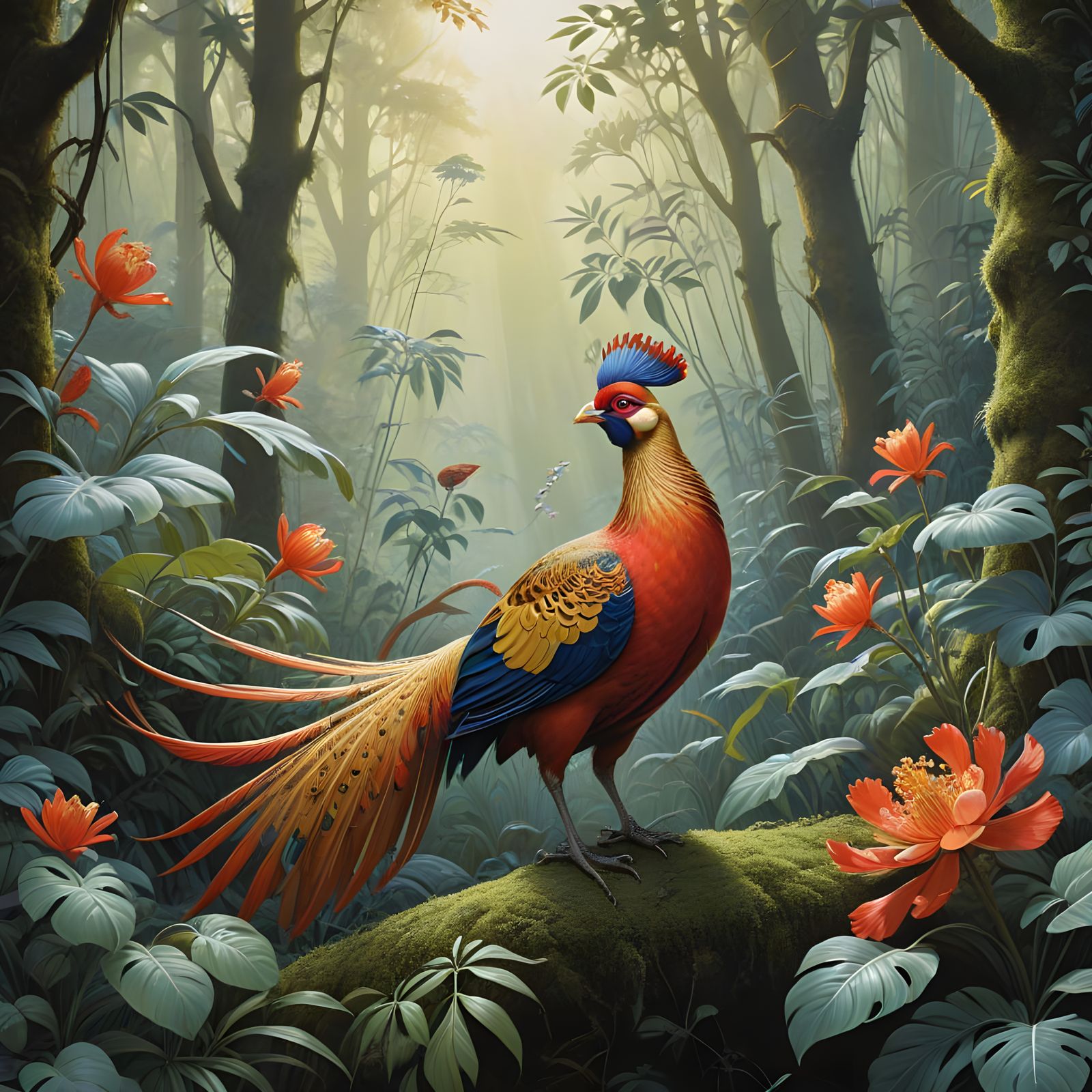 Majestic Red Golden Pheasant in Lush Chinese Forest