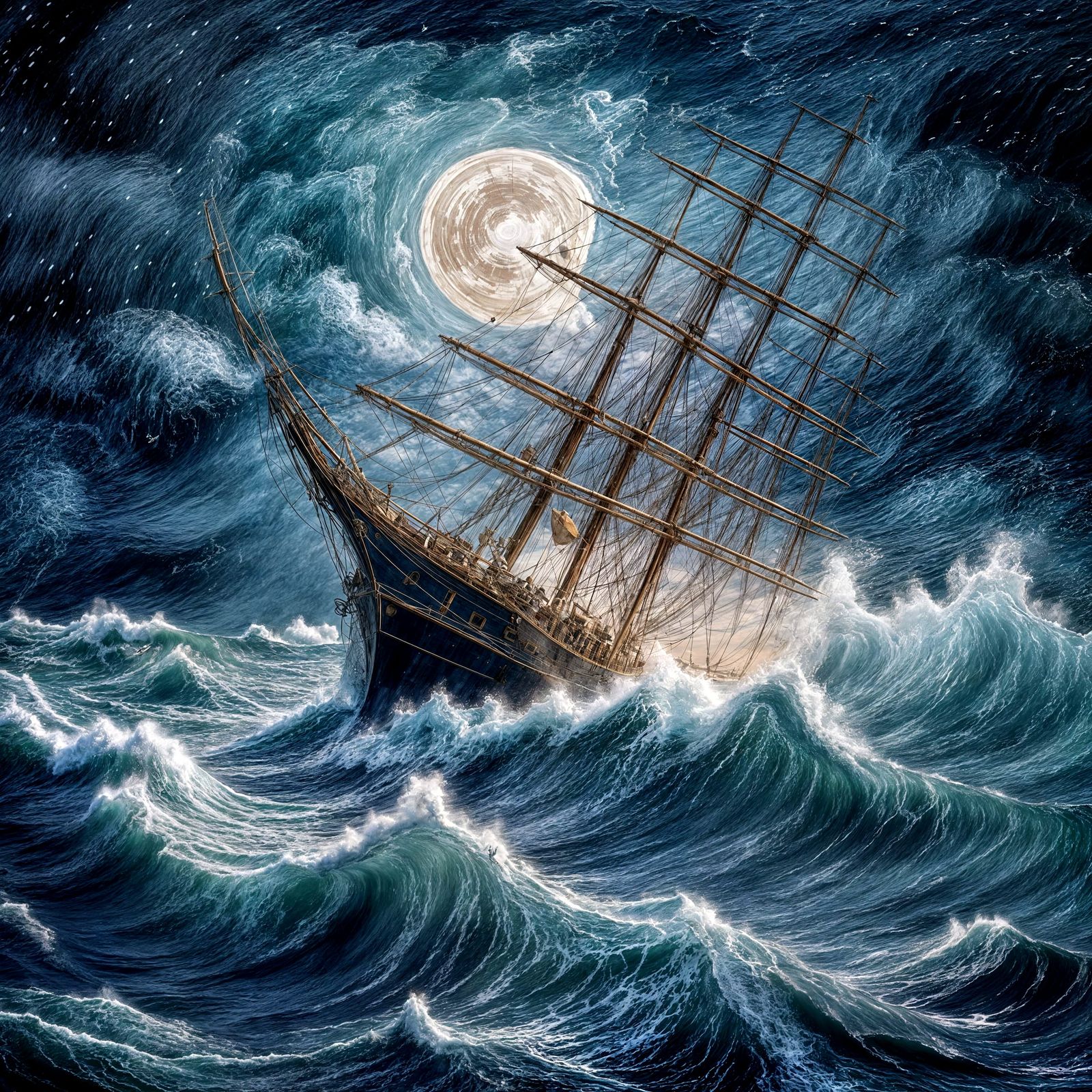 Epic Gouache Seascape: Ship Versus Storm Under Moon