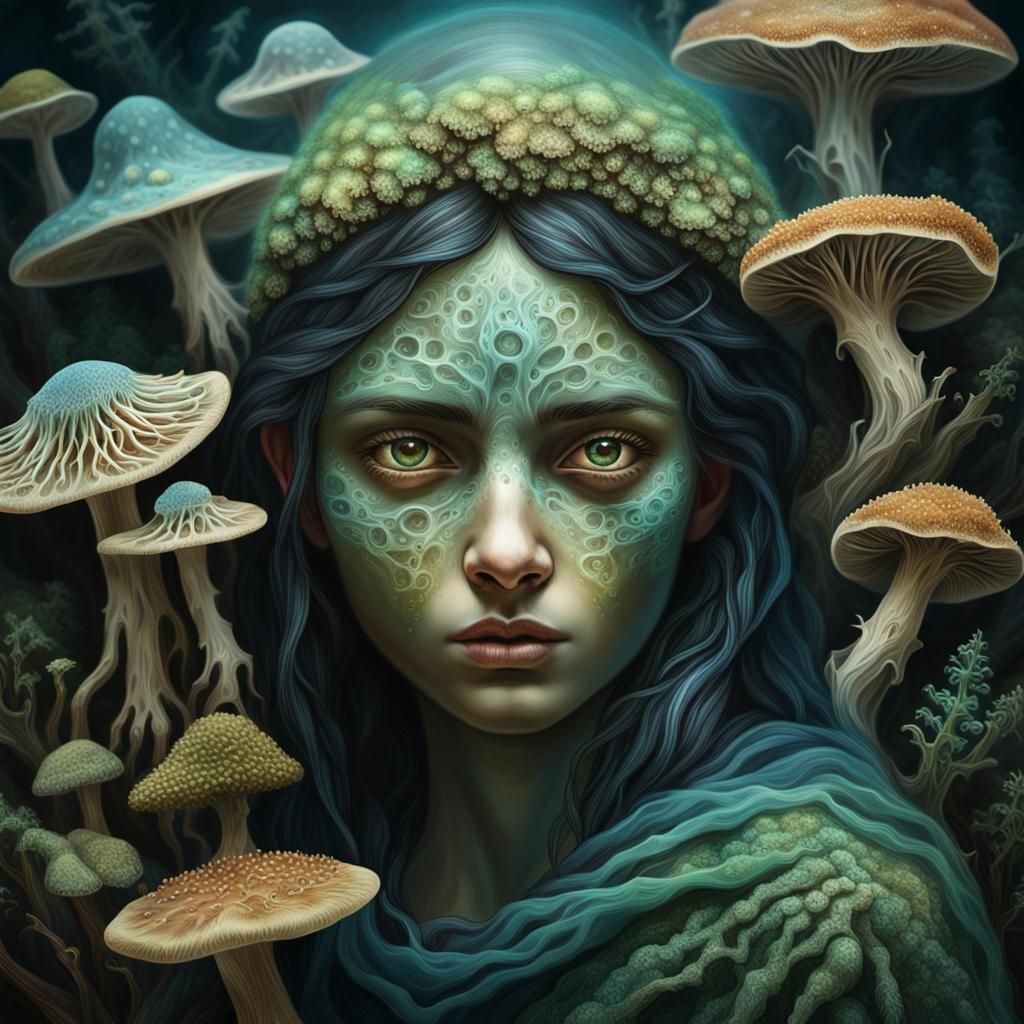 Fungi Veil Xibalba: A Hyperrealistic Digital Portrait
