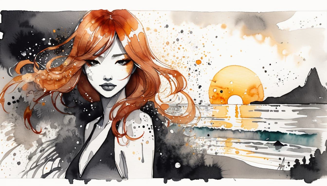 Redhead Sipping Pina Colada: Ink and Watercolor Art