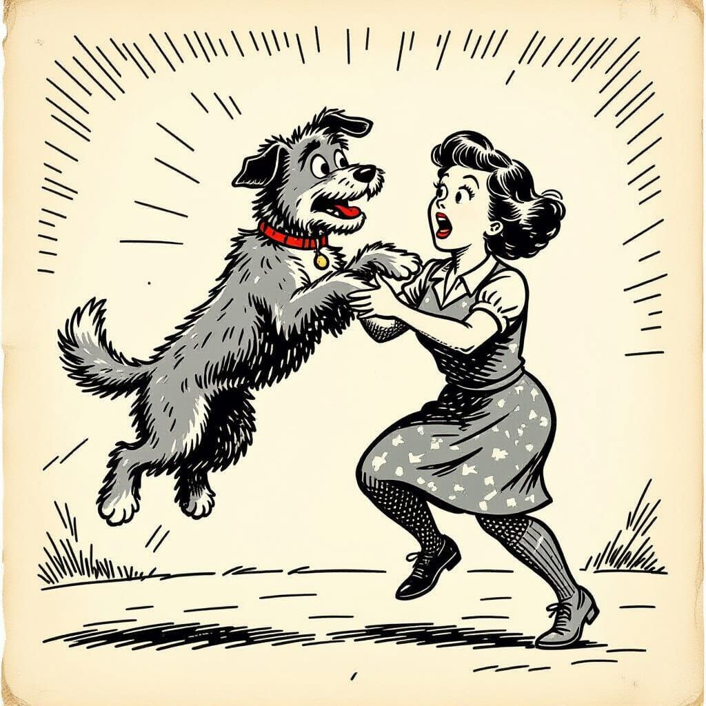 Woman Lifted by Excited Dog in Retro Comic Style