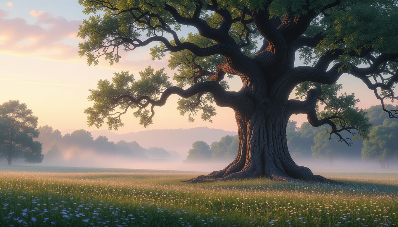 Majestic Ancient Oak Tree in Misty Meadow at Dawn