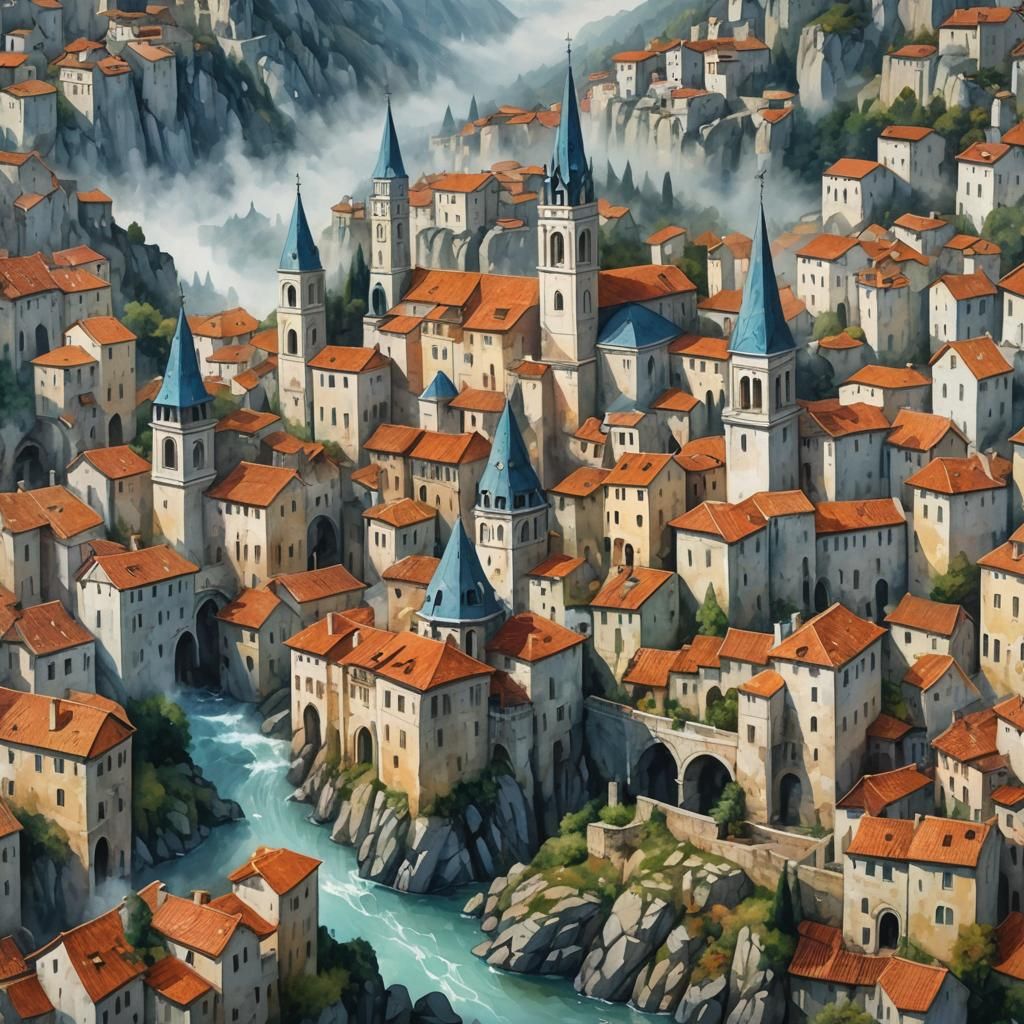 Fog-Shrouded Medieval City in Gouache Style