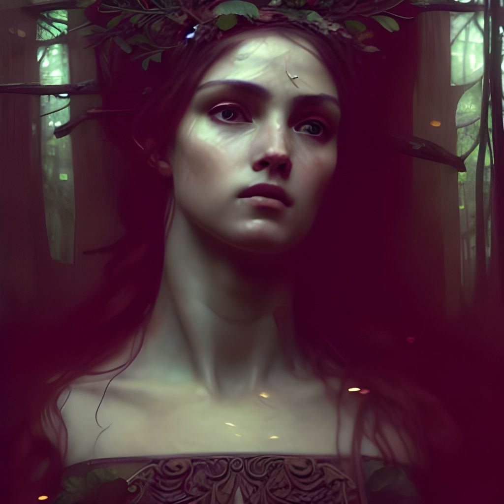 Ornate Forest Goddess Portrait in Waterhouse Style