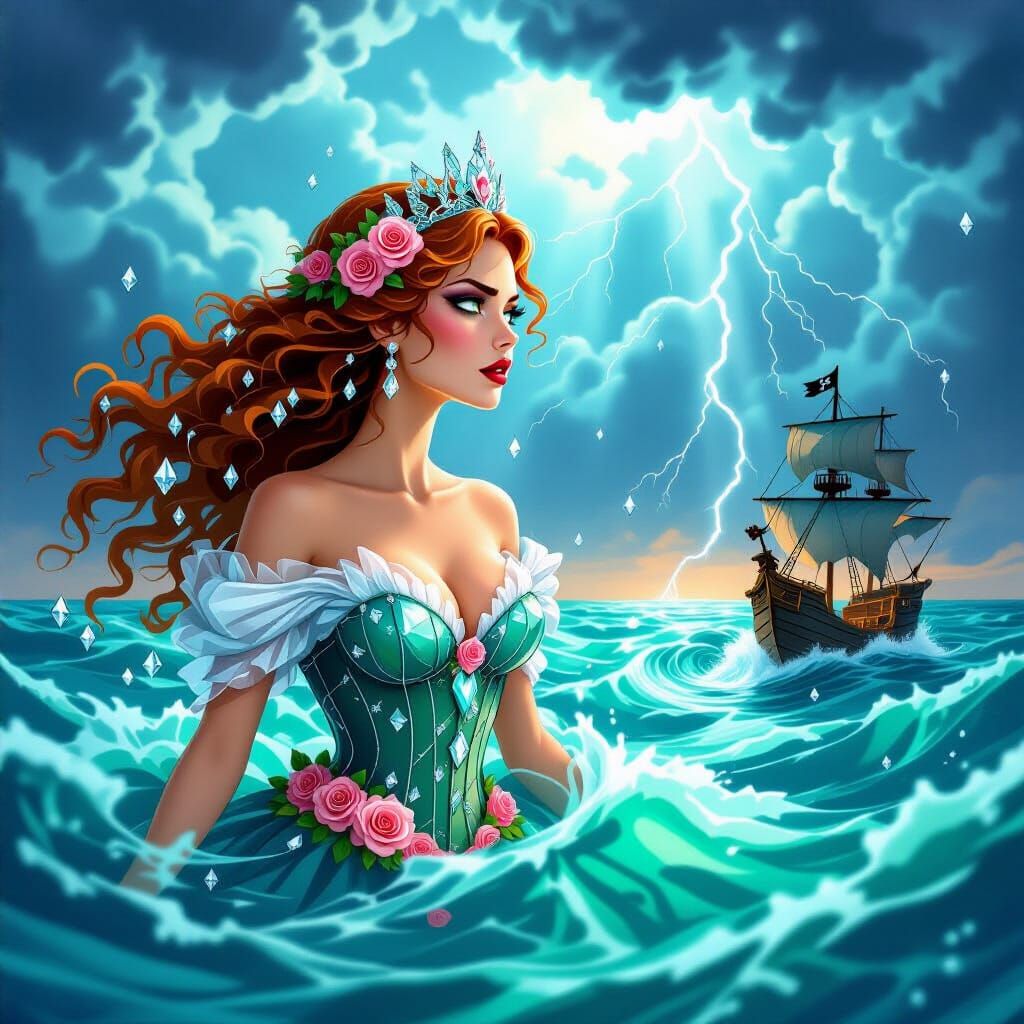 Mythical Emerald Sea Queen in Storybook Style