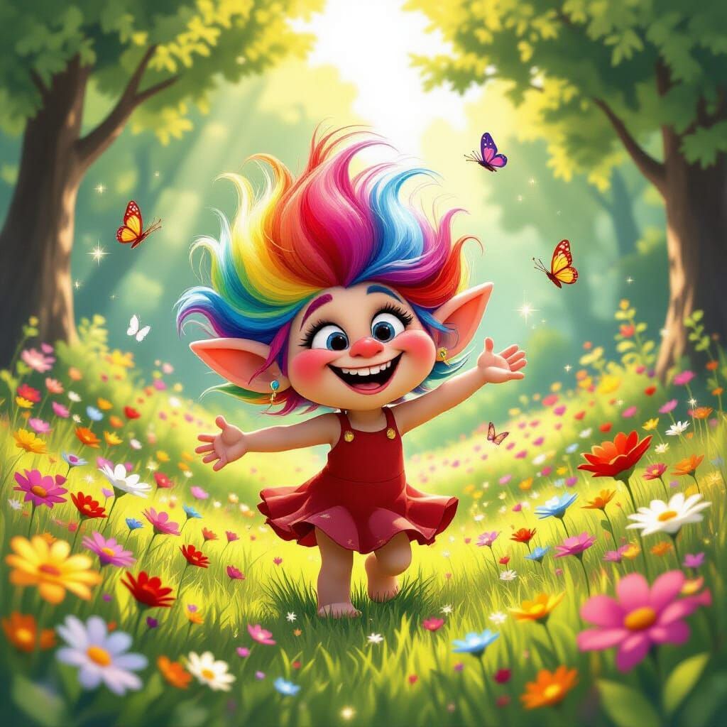 Rainbow Troll Dances in Whimsical Meadow, Cartoon Style