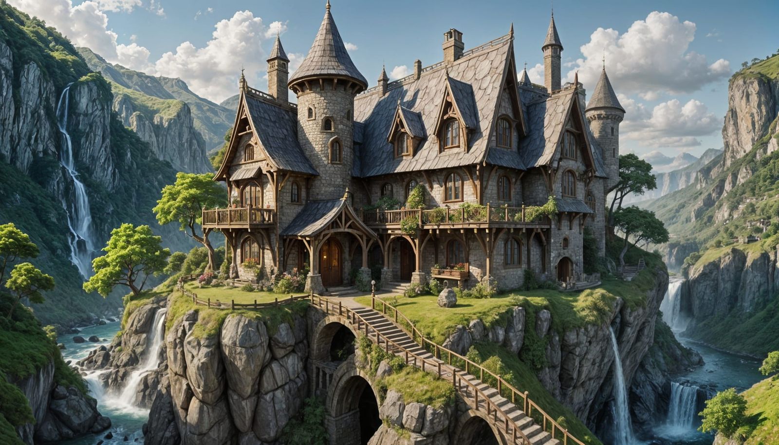 Ethereal Elven Cottage Amidst Waterfall Cliffs