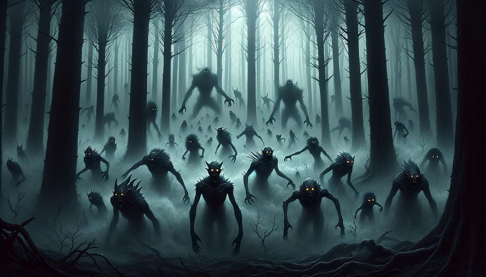 Demonic Silhouettes in Misty Forest, Hyper-Realistic Style