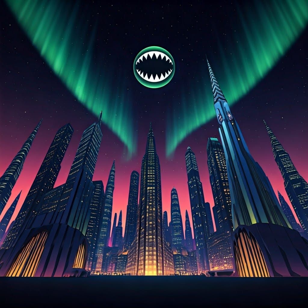 Surreal Shark-Jawed Moon Over Neon Cityscape