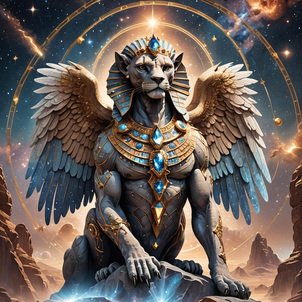 Cosmic Zodiac Sphinx with Crystal Flame Wings