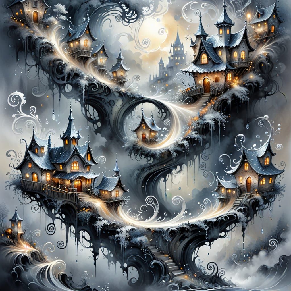 Whimsical Village Scene in Shimmering Metallic Hues