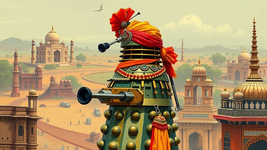 Gritty Dalek in Traditional Indian Attire Stands Against Ska...
