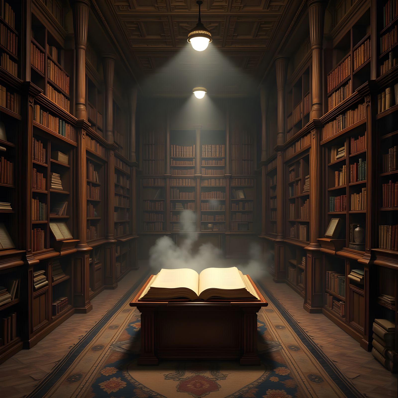 Ancient Library Interior with Ethereal Manuscript