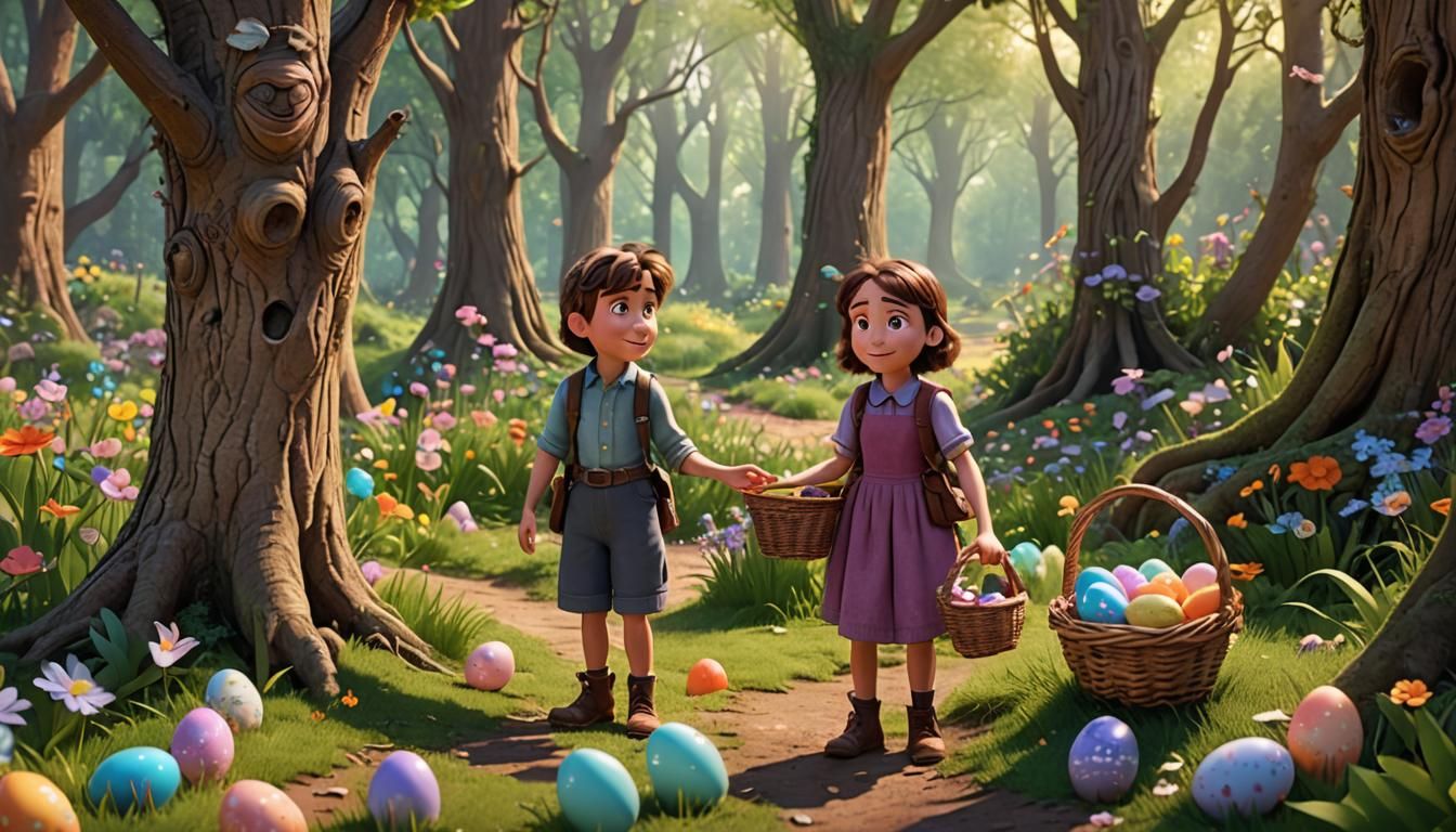Easter Egg Hunt in Fairytale Forest: 3D Digital Art