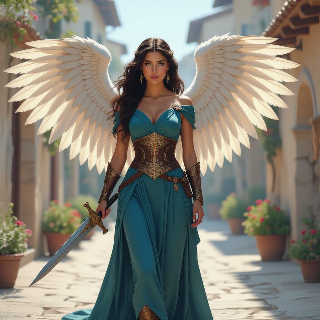 Winged Angel with Fiery Sword in Ethereal Style