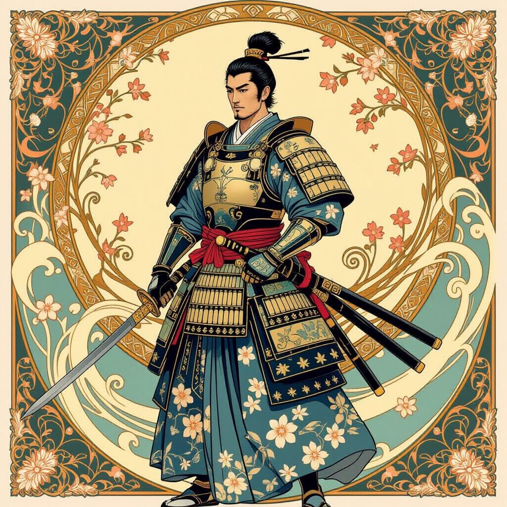 Samurai Warrior in Art Nouveau Style