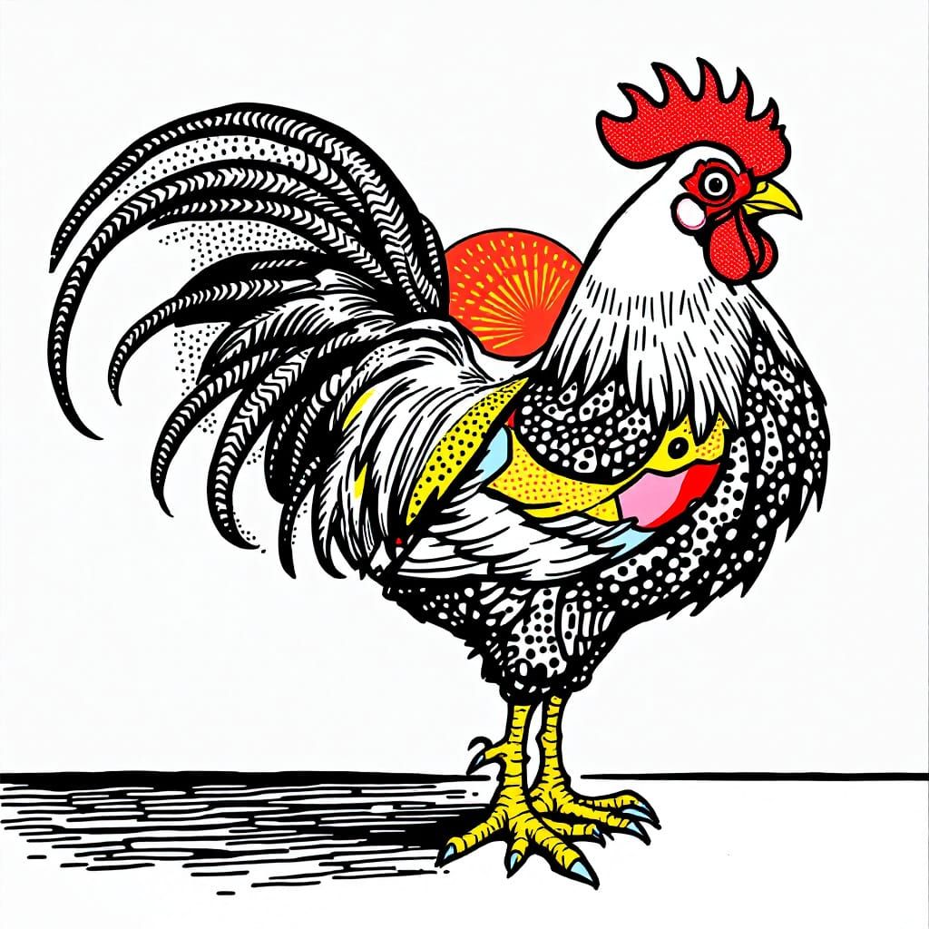 Pop Art Rooster with Modern Edge and Surreal Patterns