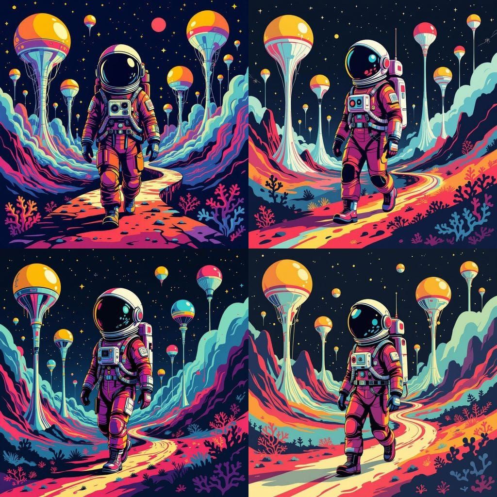 Astronaut in Surreal Alien Landscape Illustration