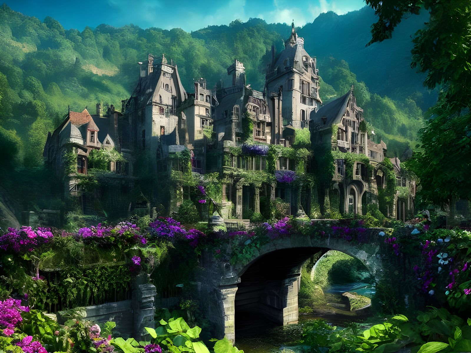 Majestic Castle Overlooking Village, Panoramic Photorealisti...