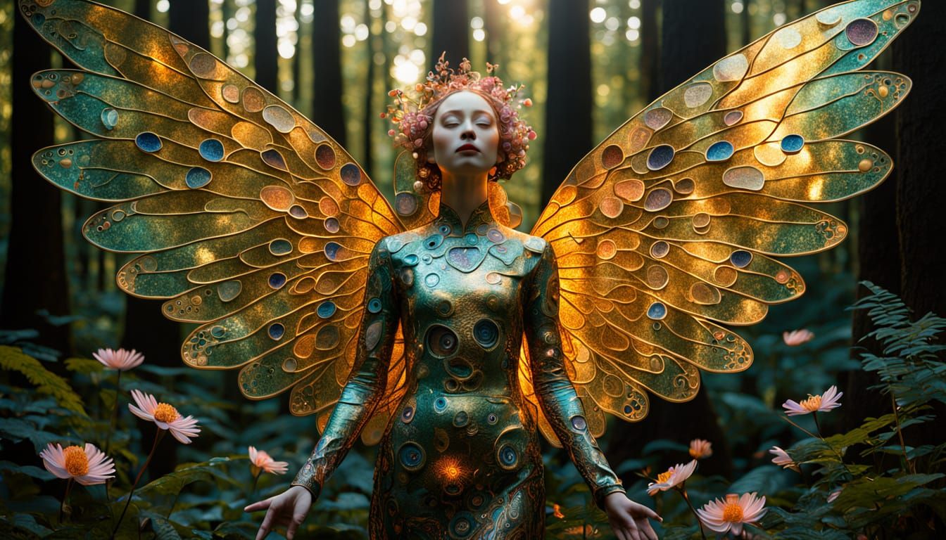 Surreal Sculpture of Woman with Iridescent Wings in a Dreaml...