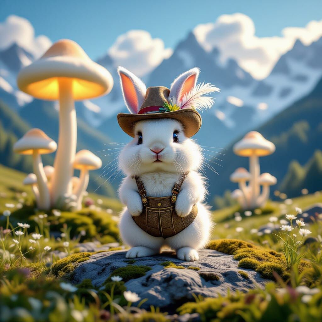 Fluffy Rabbit in Lederhosen with Glowing Mushrooms