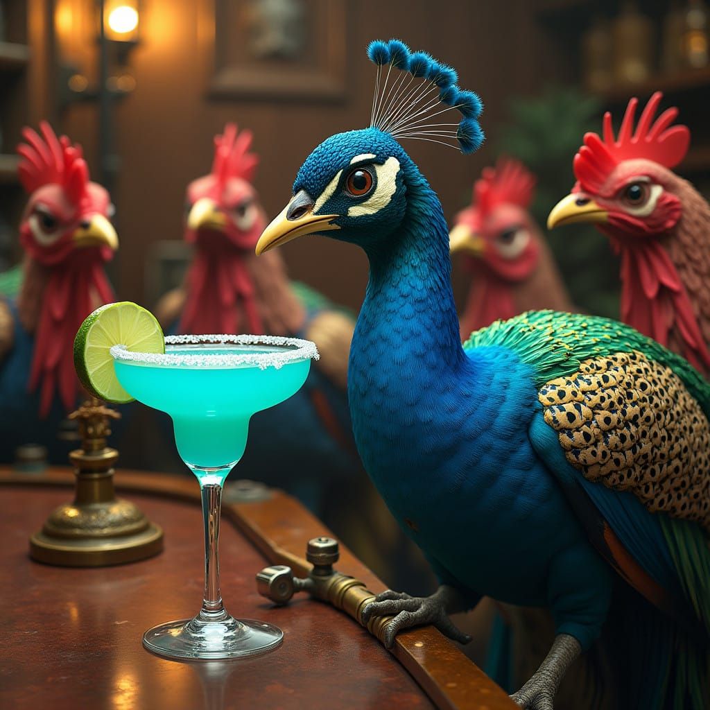 Steampunk Peacock Enjoys Margarita with Ninja Chickens in Gi...