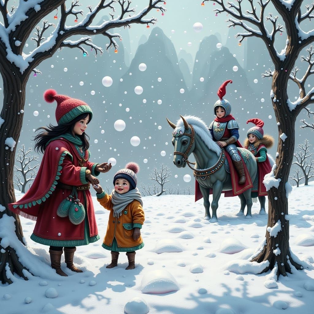 Whimsical Winter Wonderland in Vibrant Oil Painting