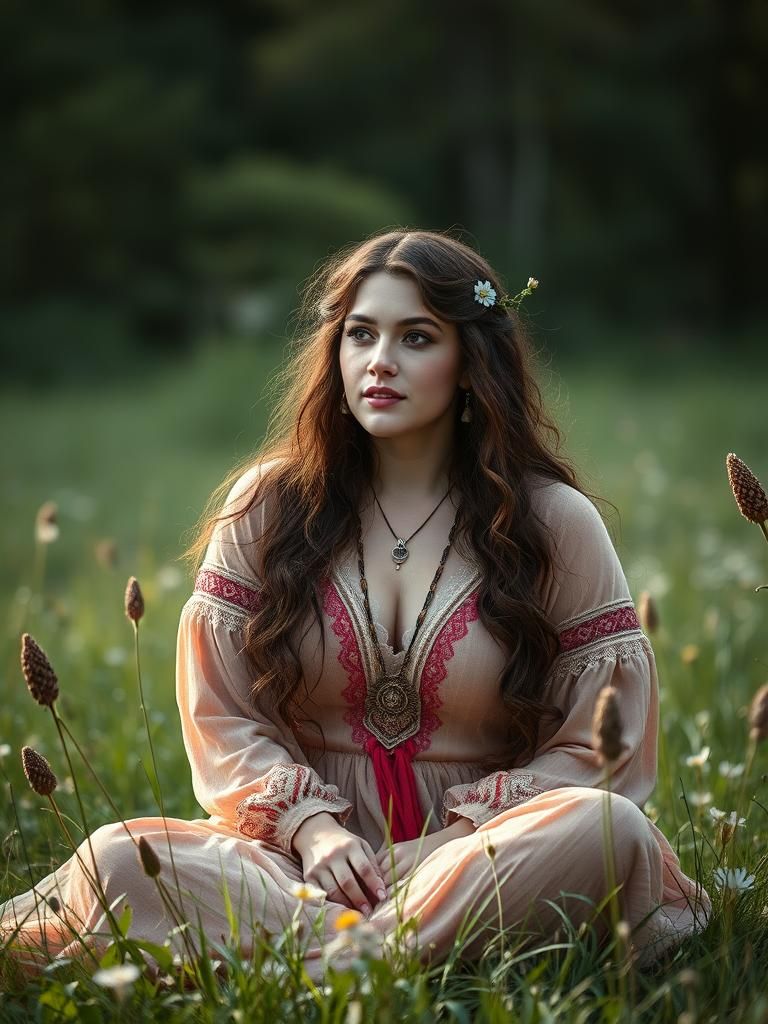 Bohemian Woman in Mystical Meadow