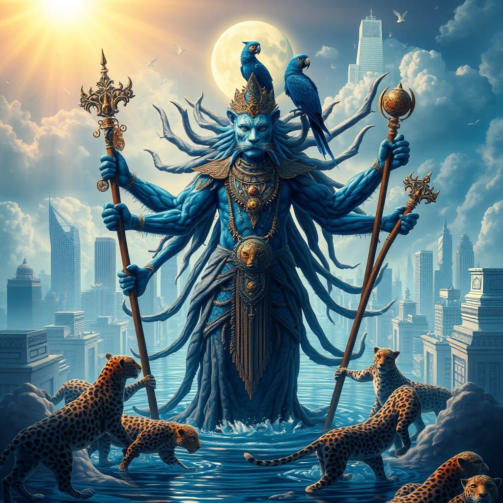 Blue Leopard Shaman in Flooded Cityscape