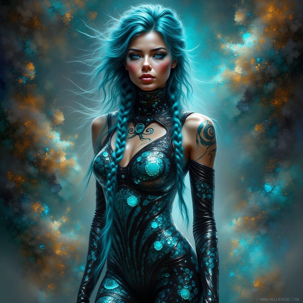 Futuristic Woman with Bioluminescent Tattoos in Dusk Lightin...