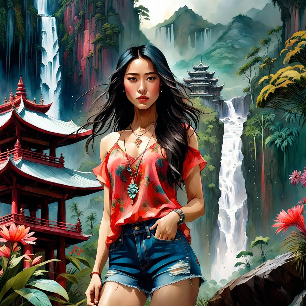 Young lovely Asian Girl in the Rain Forest