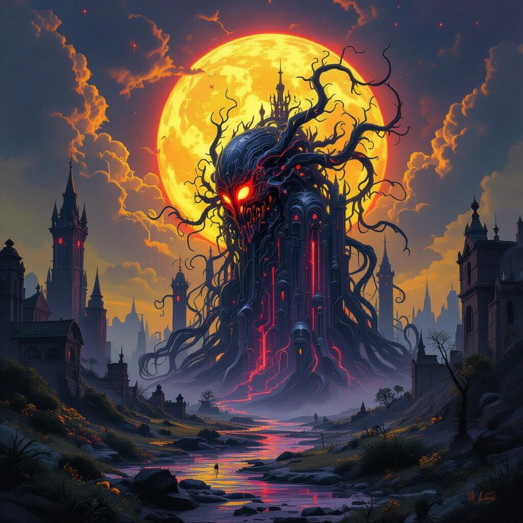Eldritch Biomechanical Horror in Medieval Landscape