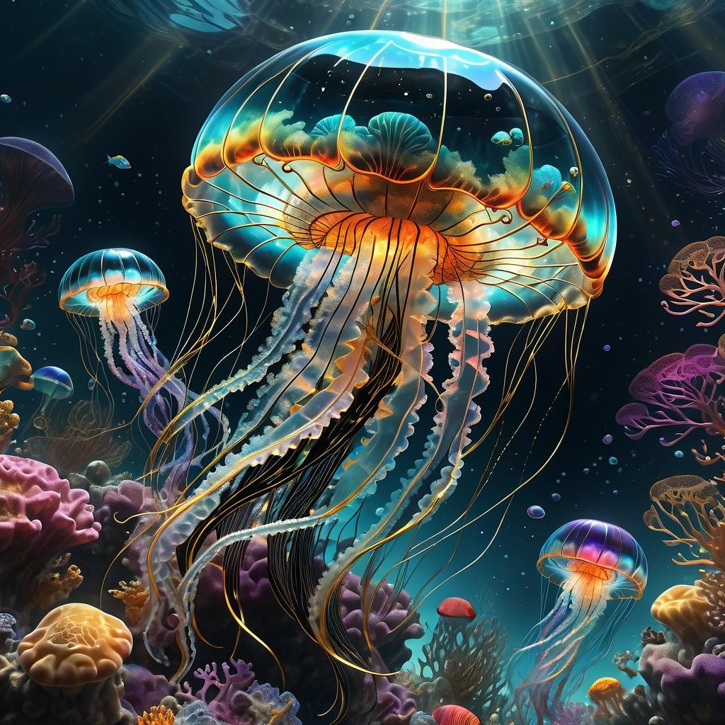 Ornate Crystal Jellyfish in an Underwater Paradise
