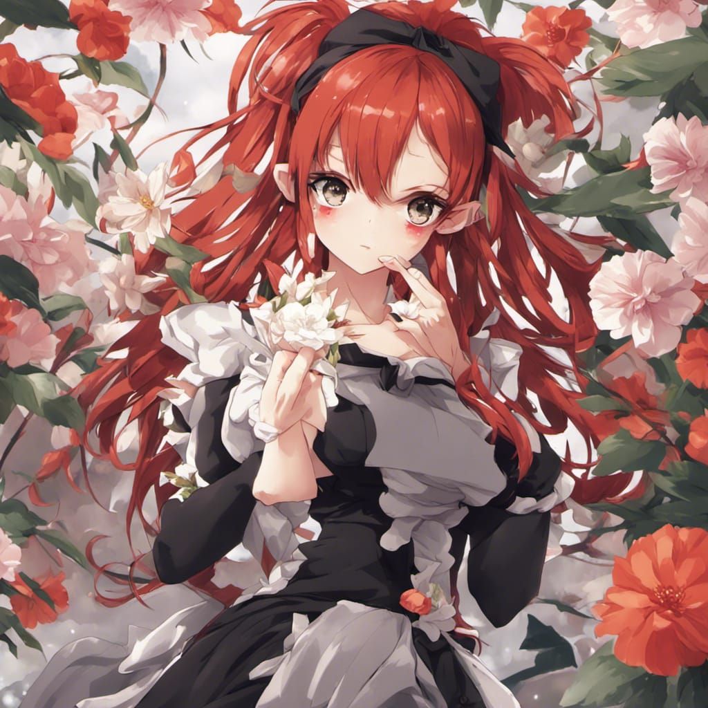 Anime Girl with Flowers: Redhead in Manga Style