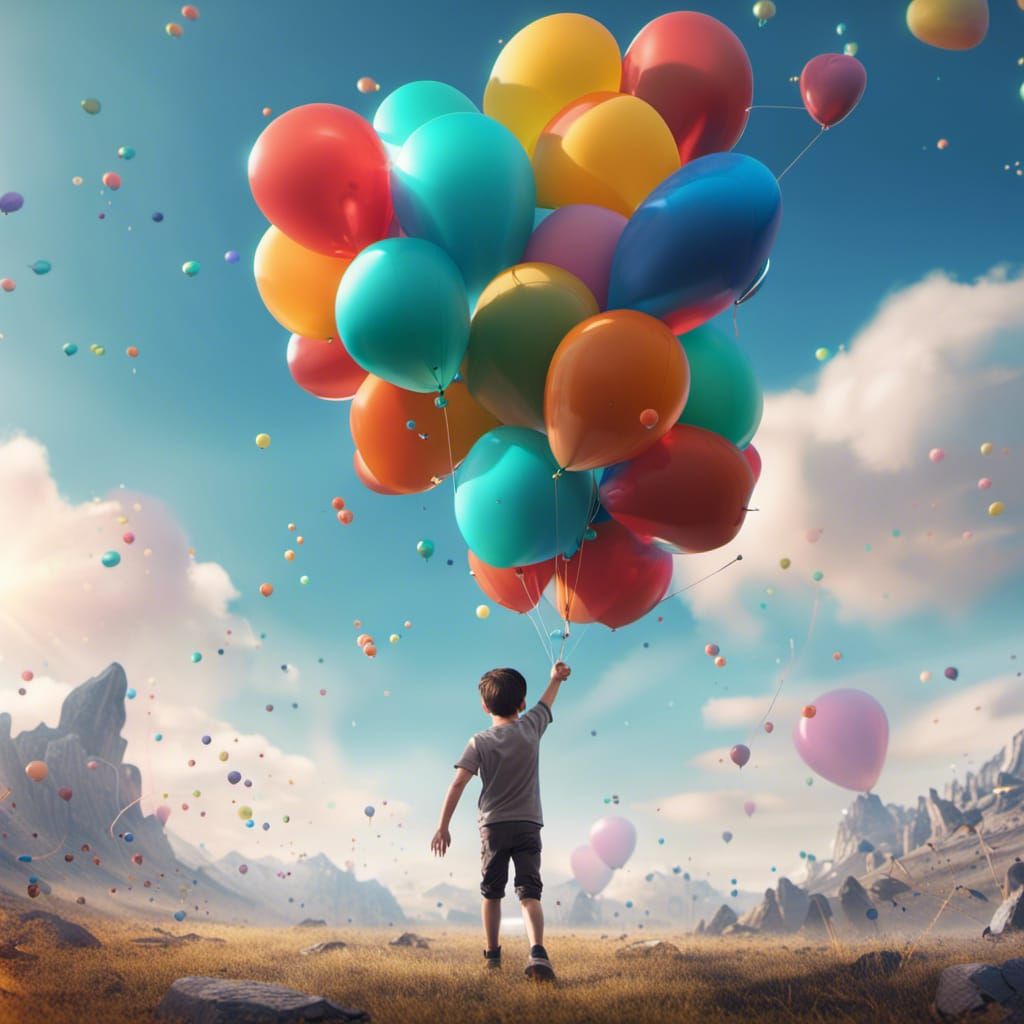 Boy Releasing Balloons into Sky: Fantasy Concept Art