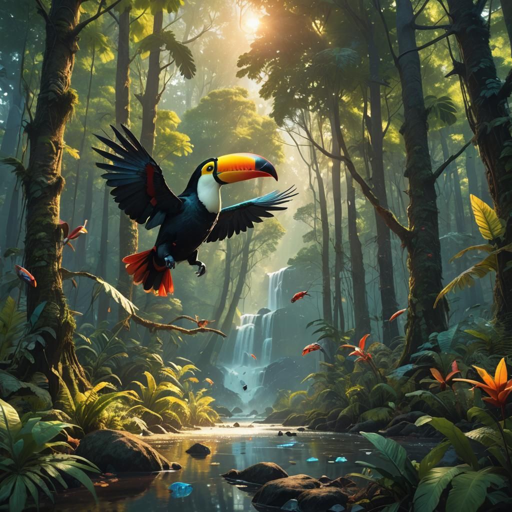 Fantastical Toucan-Fish-Bear Creature in Vibrant Forest