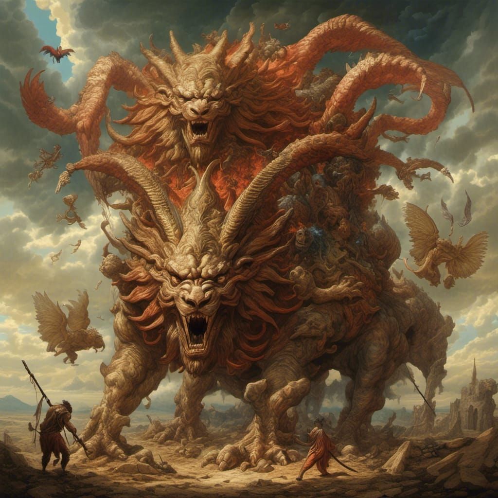 Three-Headed Chimera Ravages Lykia in Dark Fantasy Art