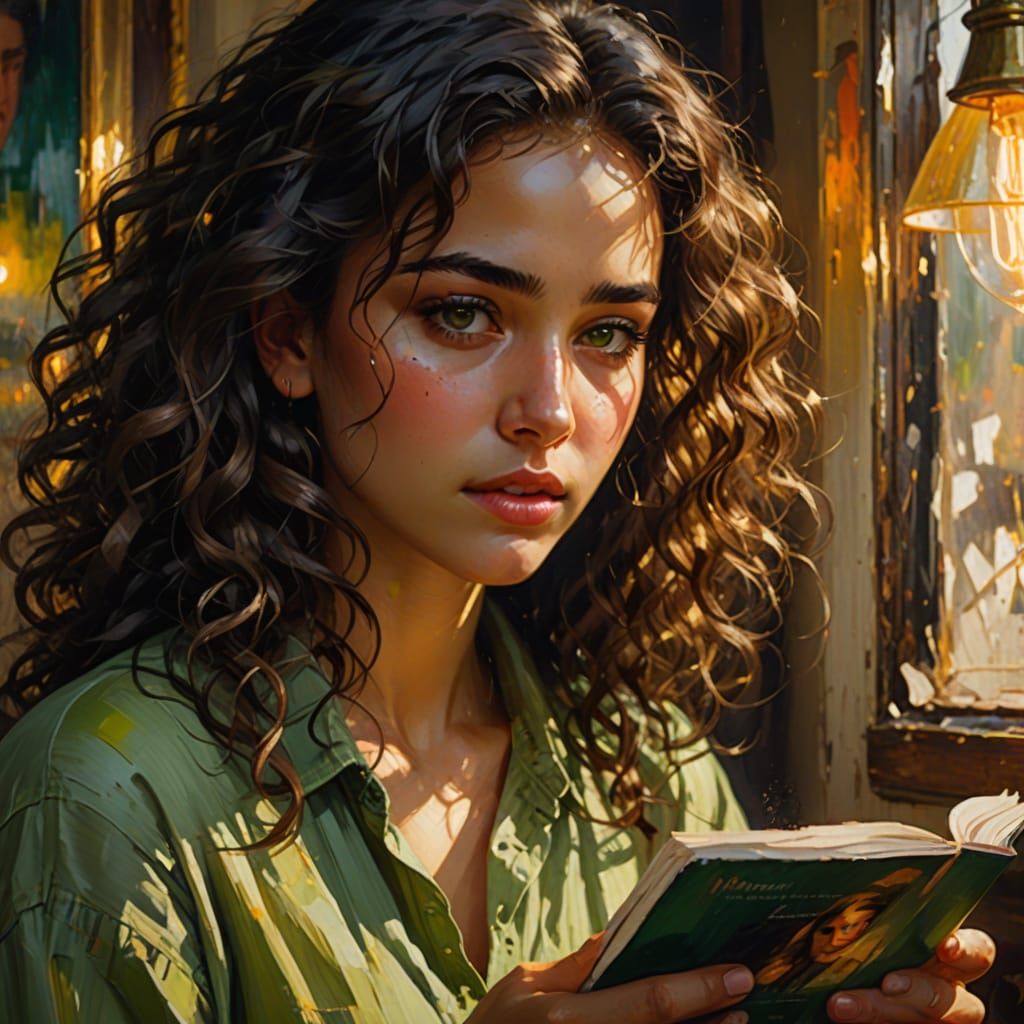 Girl Reading Photograph with Soft Brushstrokes