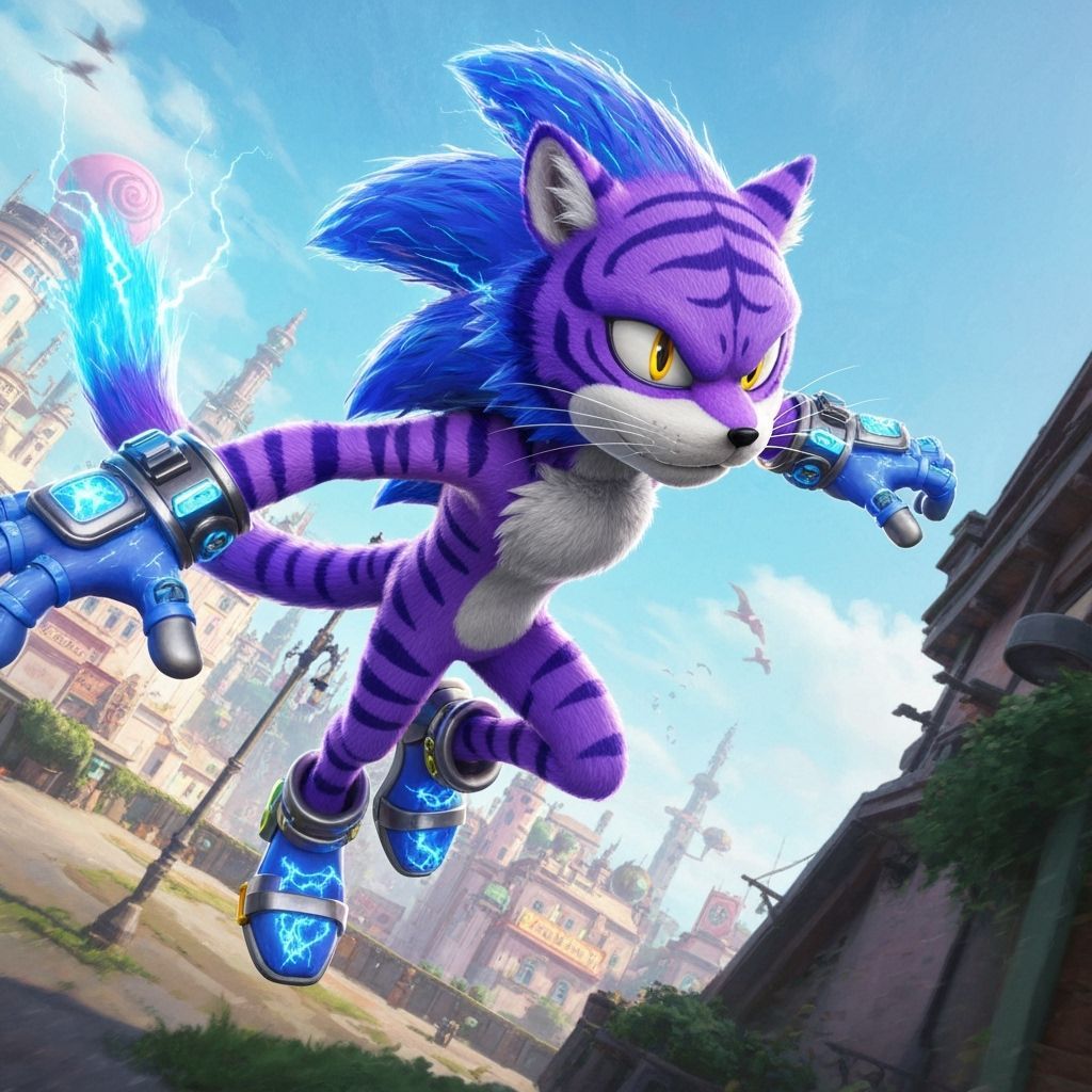 Sonic the Tiger Leaps in a Cyberpunk Cityscape