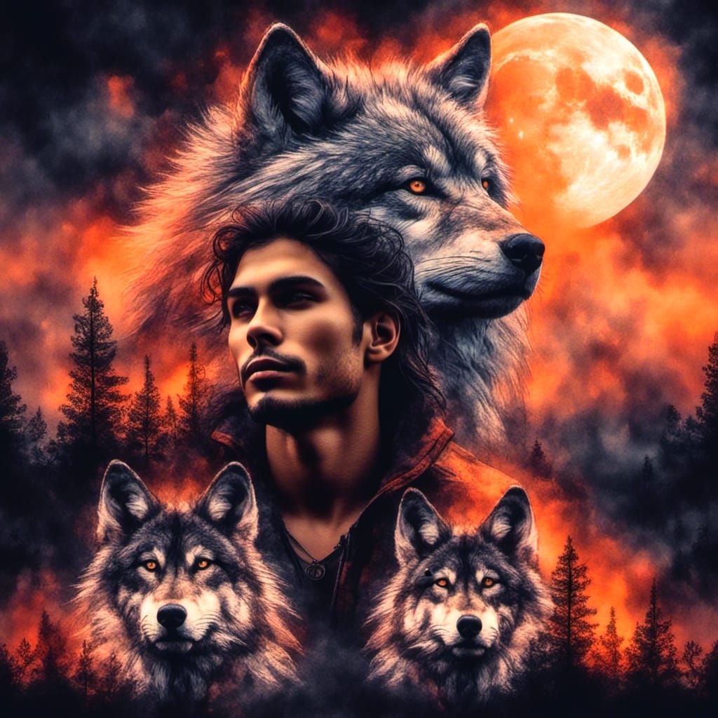 Native American Man and Wolves Double Exposure