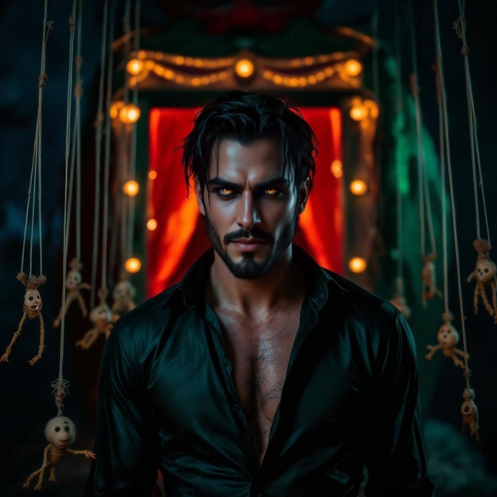 Menacing Bodybuilder Puppet Master in Dark Circus