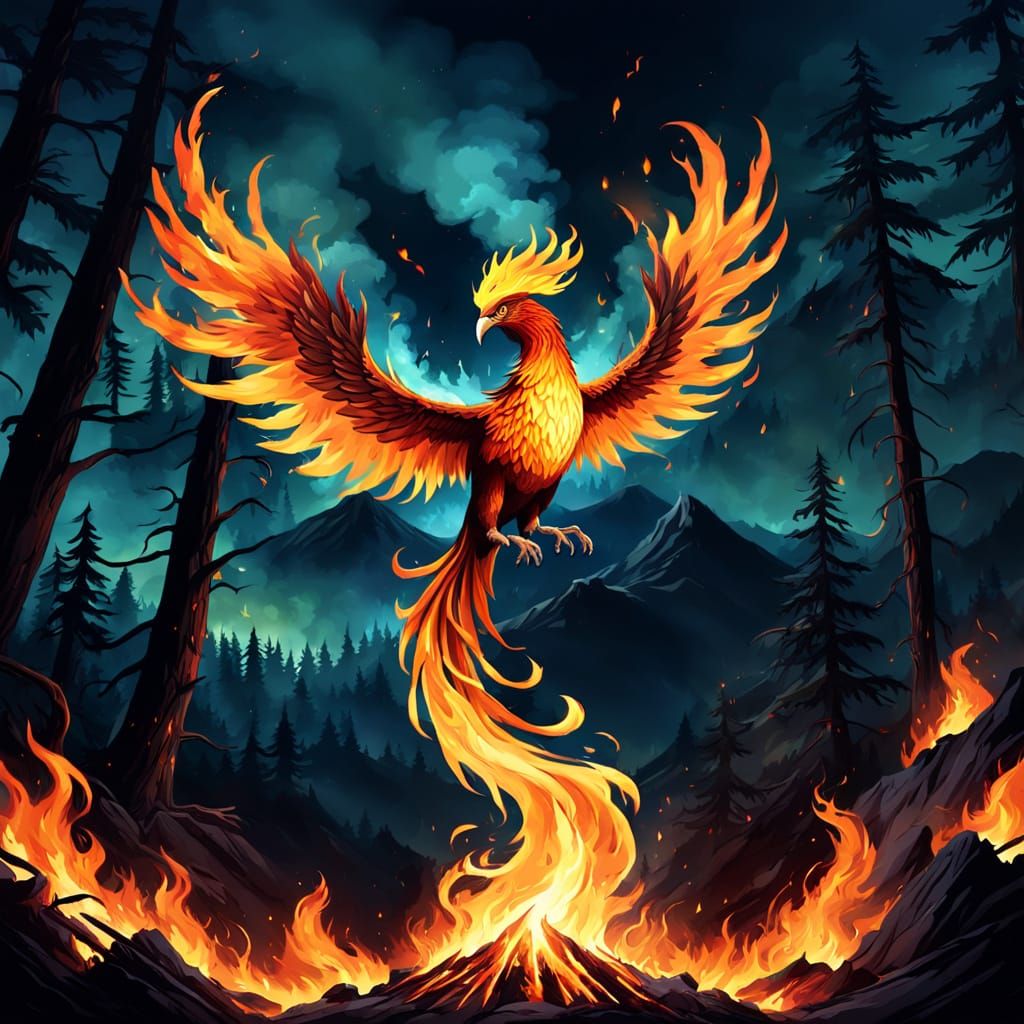 Fiery Phoenix Rising From Ashes at Night