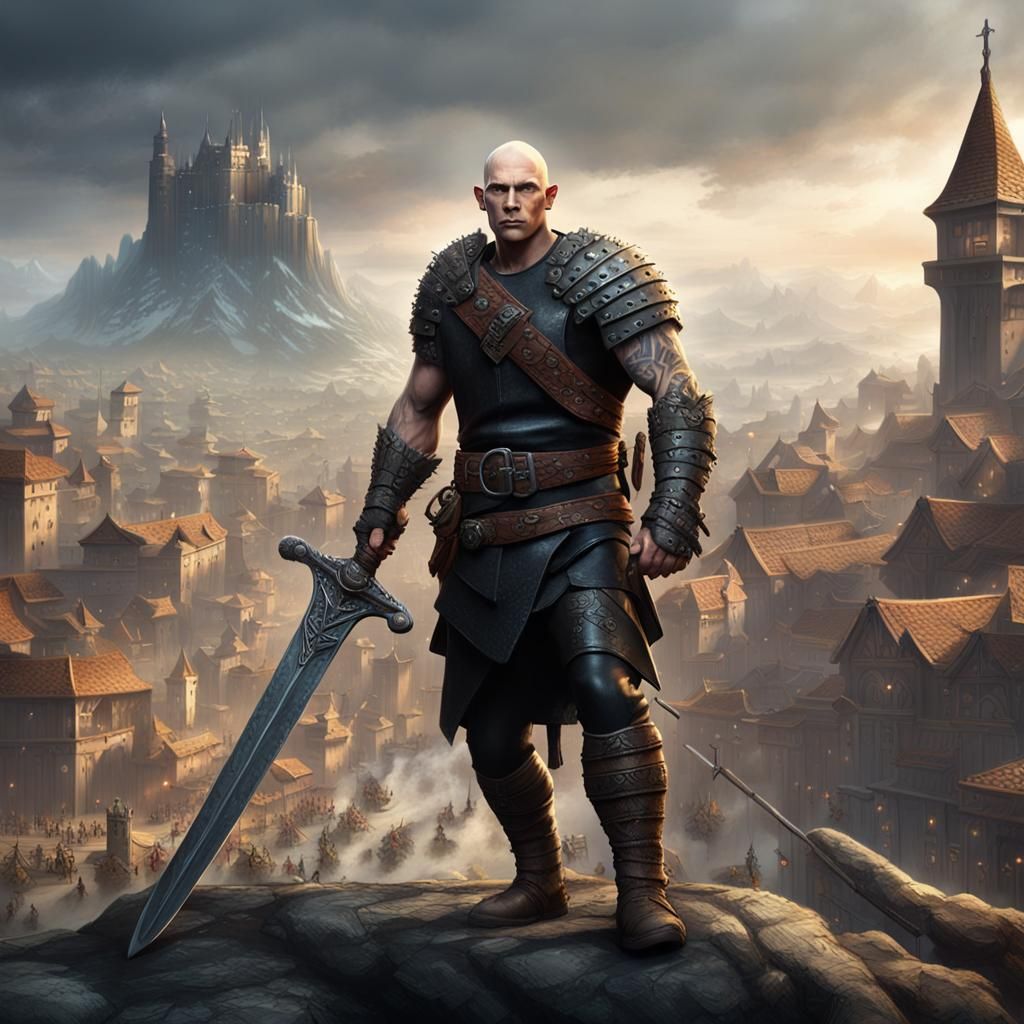 Goliath Barbarian with Sword in Fantasy City