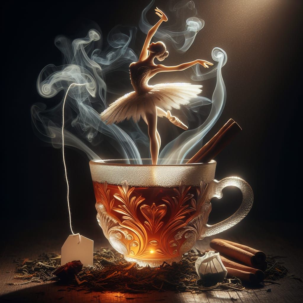Vapor Ballerina Rising from Embossed Teacup