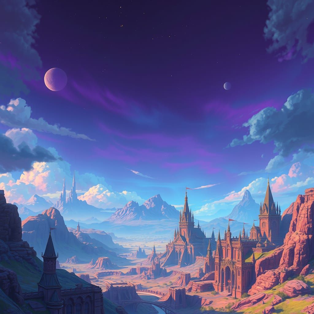 Luminous Fantasy Realm with Majestic Spires and Mystical Arc...