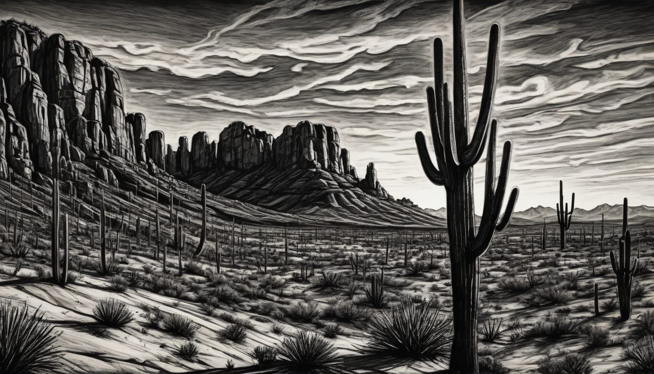 Arizona Desert Sunset Charcoal Sketch