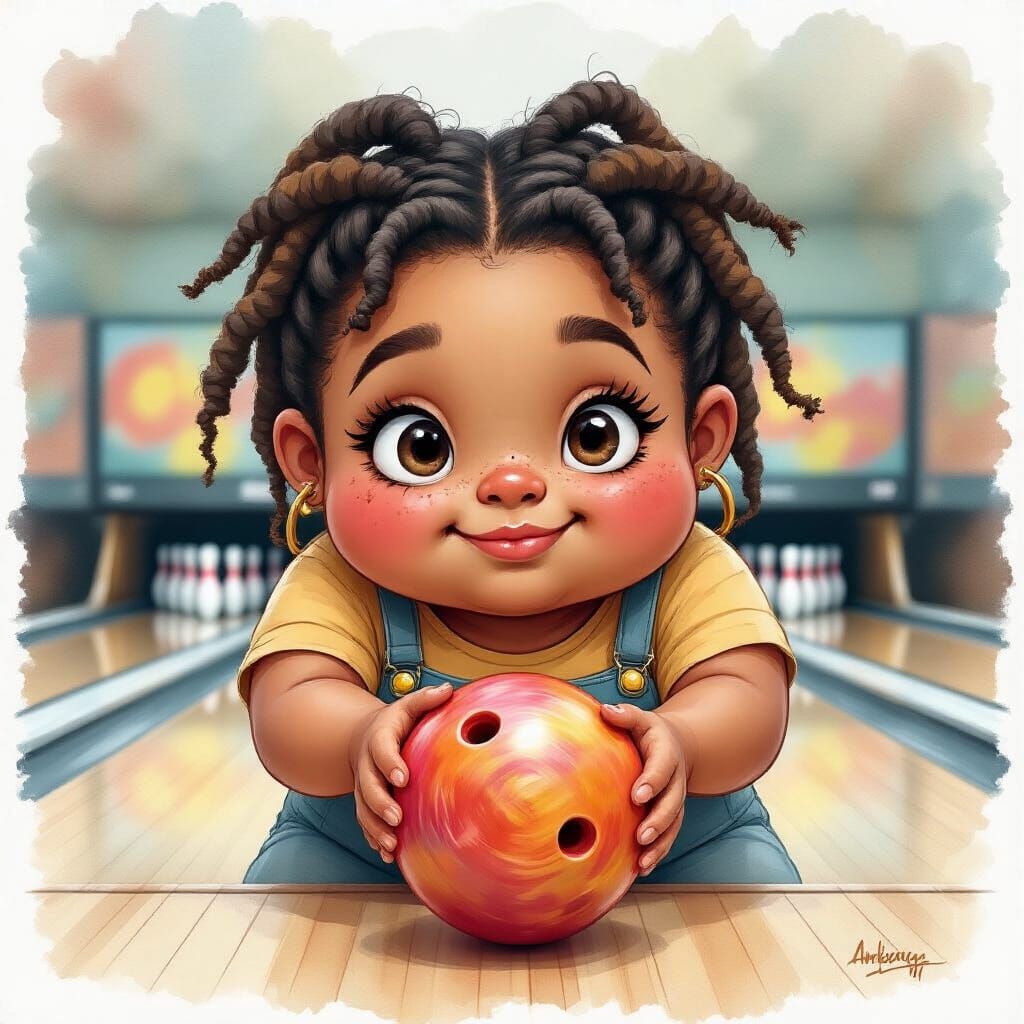 African American Girl Bowling, Watercolor Style